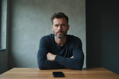 Homme narcissique assis seul avec les bras croisés, ignorant son téléphone, illustrant le silence et le rejet émotionnel