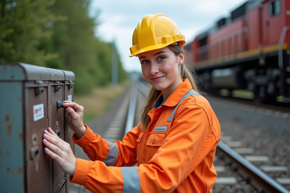 Jeune femme inspectant un panneau d