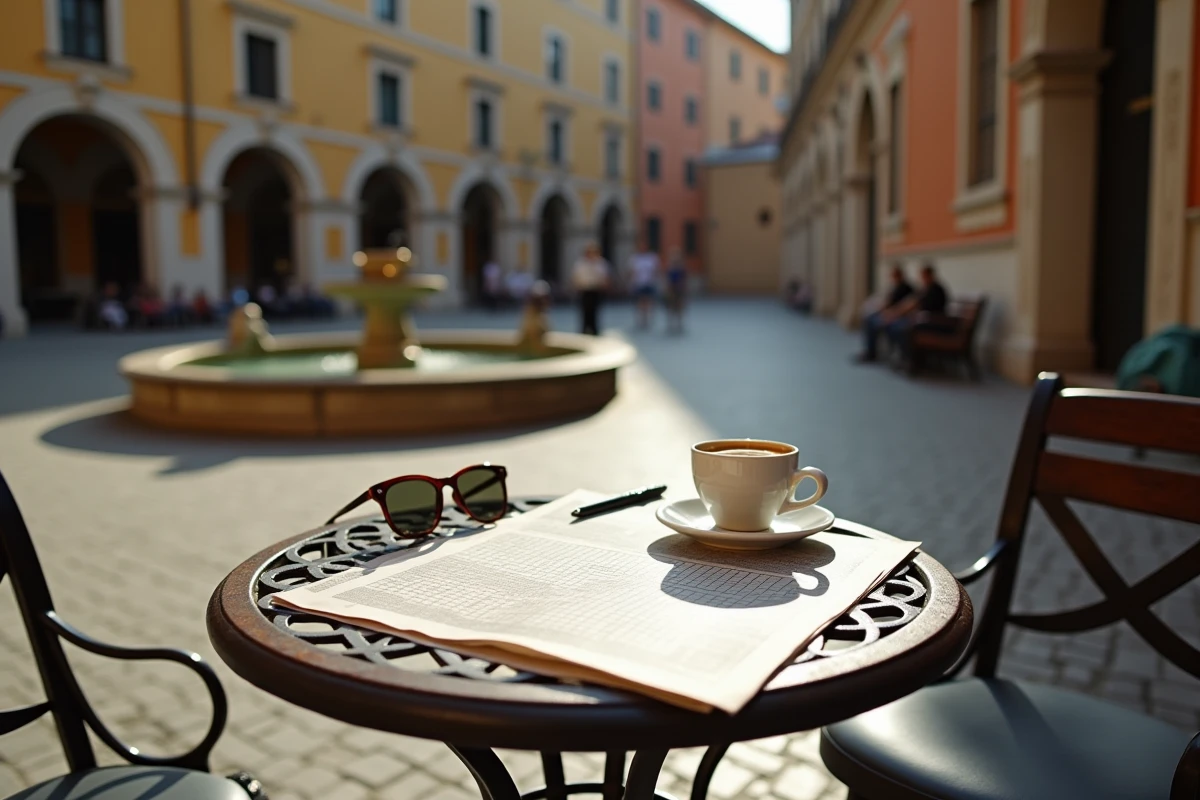 Table de café en terrasse dans une piazza italienne avec un journal ouvert sur une grille de mots croisés et un espresso, ambiance authentique de ville italienne