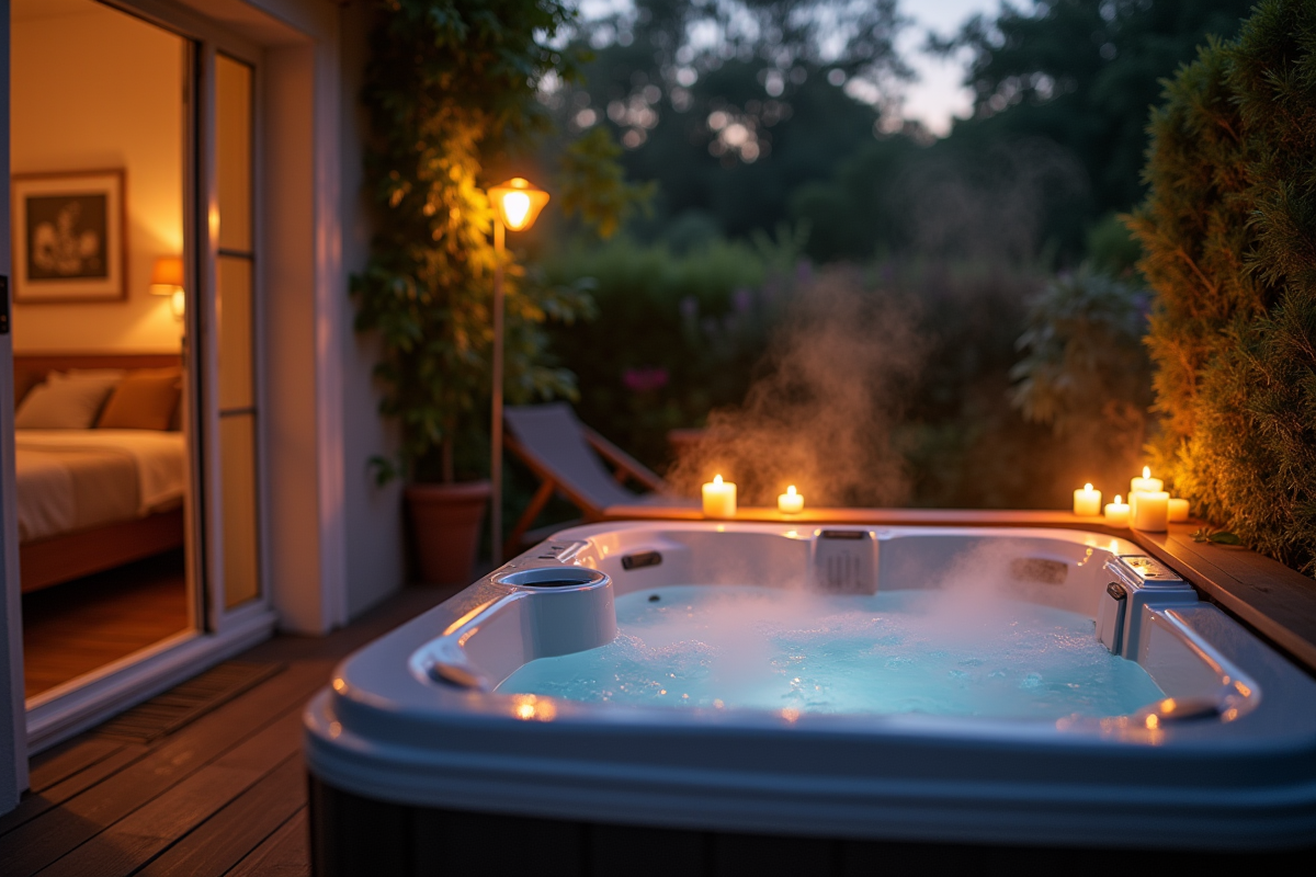 Terrasse extérieure avec jacuzzi et bougies en Normandie