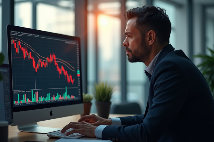 Trader inquiet regardant un graphique boursier en chute