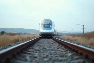 Train à grande vitesse moderne sur voie ferrée en milieu rural, symbolisant la performance ferroviaire de référence IRIS02