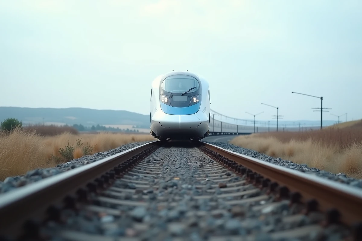 Train à grande vitesse moderne sur voie ferrée en milieu rural, symbolisant la performance ferroviaire de référence IRIS02