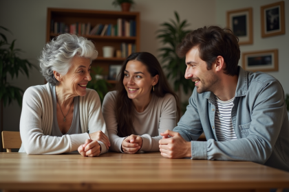 Famille de trois générations autour d'une table en intérieur