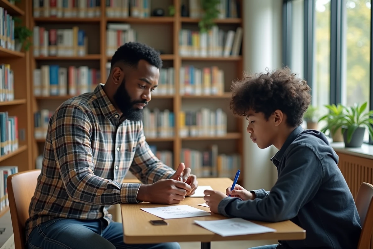 Tuteur adulte expliquant la grammaire française à un adolescent en bibliothèque