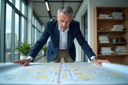 Urbaniste professionnel examinant une carte de zonage en bureau