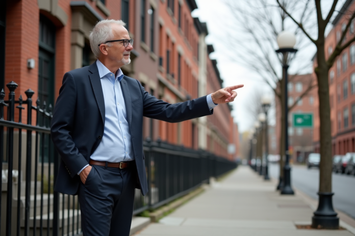Urbaniste pointant vers bâtiments contrastés en ville