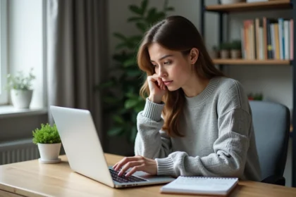 Femme utilisant un magazine en ligne en toute sécurité depuis son bureau à domicile en 2026