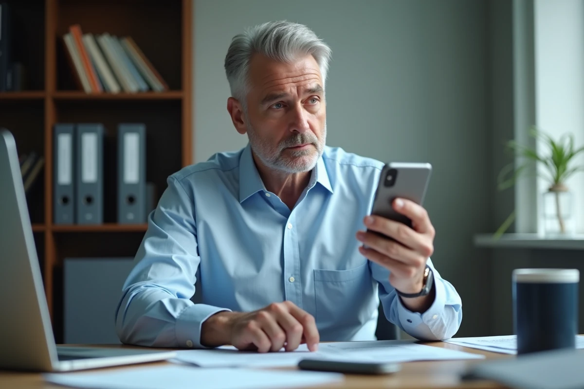 Homme au bureau vérifiant un numéro de téléphone suspect sur son smartphone, environnement professionnel réaliste