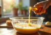 Main versant de la bière dorée dans un bol à crêpes
