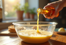 Main versant de la bière dorée dans un bol à crêpes
