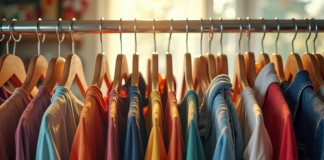 Vitrine de vêtements d'occasion bien organisée et colorée