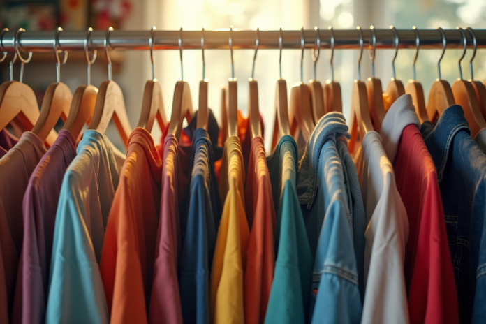 Vitrine de vêtements d'occasion bien organisée et colorée