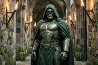 Cosplayer en armure de Doctor Doom Marvel dans un couloir médiéval en pierre, personnage iconique du multivers Marvel