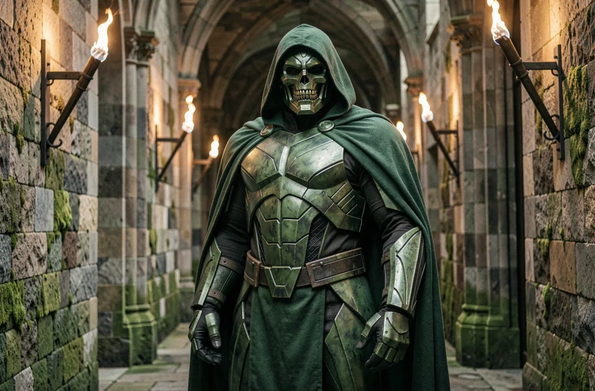 Cosplayer en armure de Doctor Doom Marvel dans un couloir médiéval en pierre, personnage iconique du multivers Marvel
