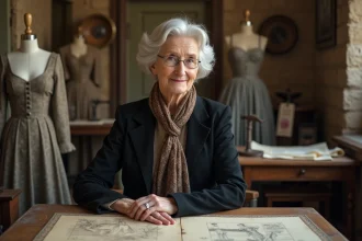 Femme âgée en tailleur vintage dans un atelier de couture ancien