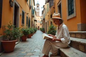 Femme consultant un carnet de mots croisés dans une ruelle pavée d'une ville italienne typique avec des murs en plâtre ocre et des pots de géraniums