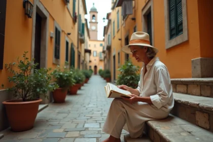 Femme consultant un carnet de mots croisés dans une ruelle pavée d'une ville italienne typique avec des murs en plâtre ocre et des pots de géraniums