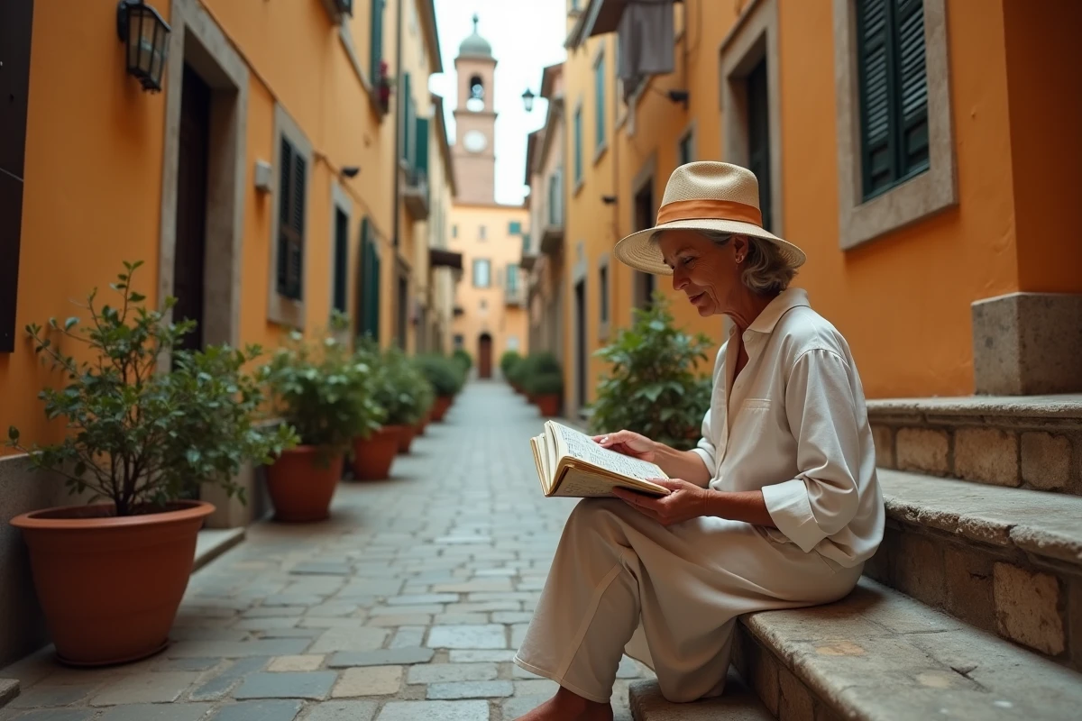 Femme consultant un carnet de mots croisés dans une ruelle pavée d'une ville italienne typique avec des murs en plâtre ocre et des pots de géraniums