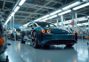 Voiture électrique moderne assemblée par robots dans une usine propre