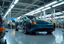 Voiture électrique moderne assemblée par robots dans une usine propre