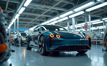 Avenir industrie automobile : Quel sera son impact dans les 5 prochaines années ? Voiture électrique moderne assemblée par robots dans une usine propre