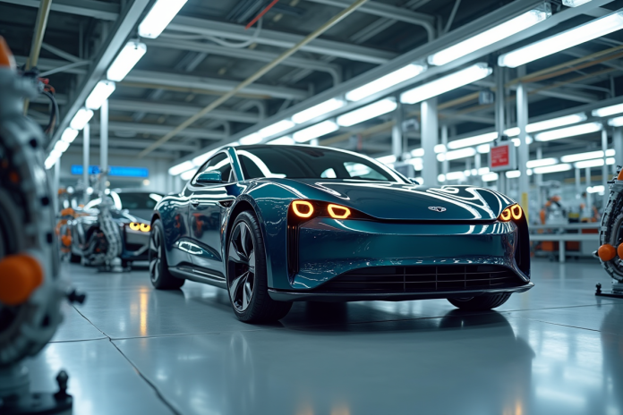 Voiture électrique moderne assemblée par robots dans une usine propre