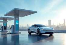 Voiture hydrogene moderne dans une station futuriste en ville