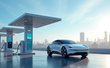 Voitures à hydrogène vs voitures électriques : quel avenir pour l’automobile en France ? Voiture hydrogene moderne dans une station futuriste en ville