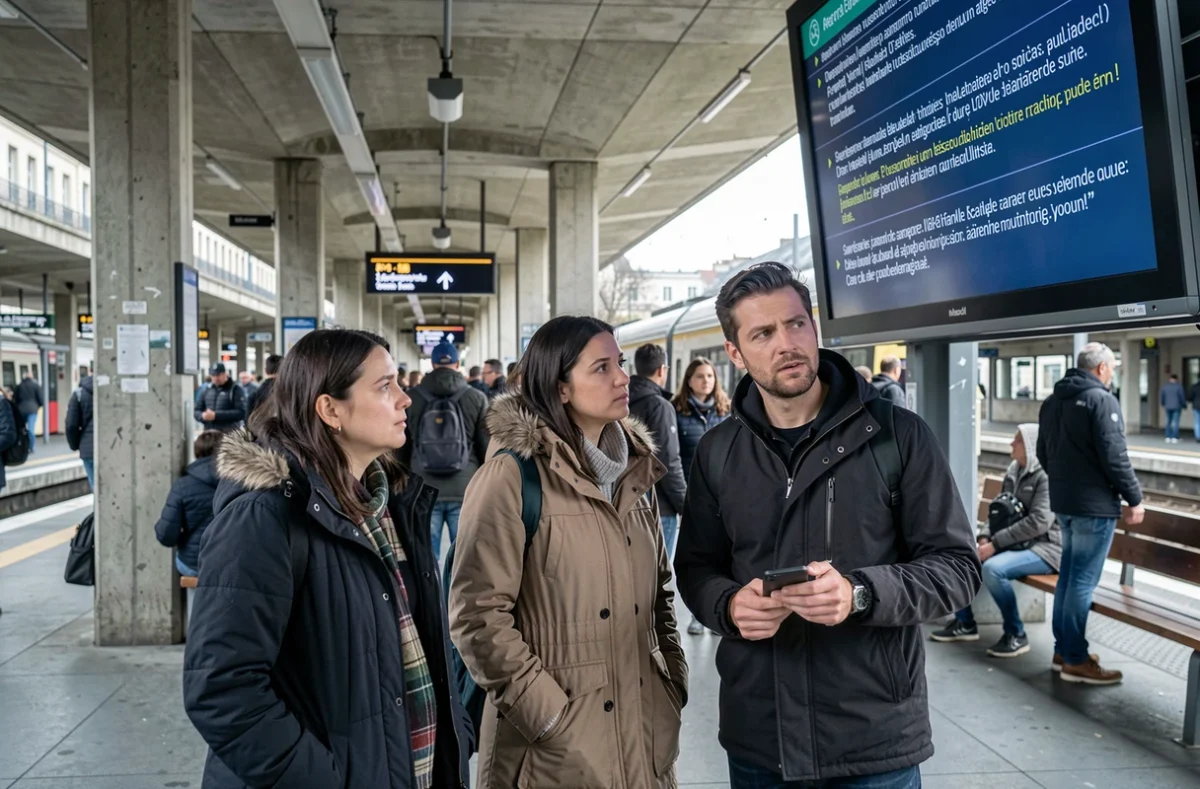 Voyageurs consultant un panneau d'information de perturbation sur un quai de gare RER à Paris
