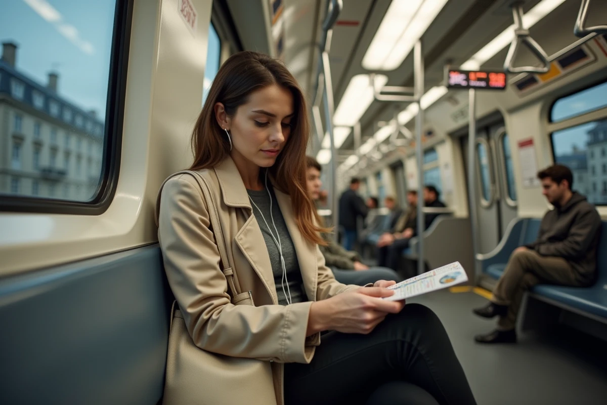 Jeune femme consultant un plan du métro dans une rame moderne de la ligne 14 à Paris