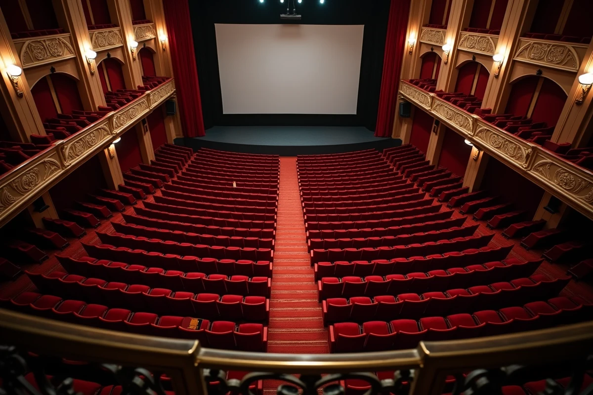 Vue plongeante depuis le balcon d'une grande salle de cinéma classique révélant la disposition acoustique des sièges en rangées courbes